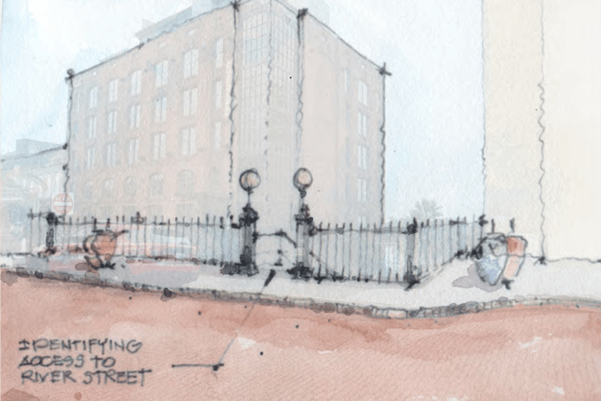 Points of access to River Street should be recognizable and easy to find. Developing a consistent and easily recognizable treatment for each of the access points would enhance the sense of welcome to