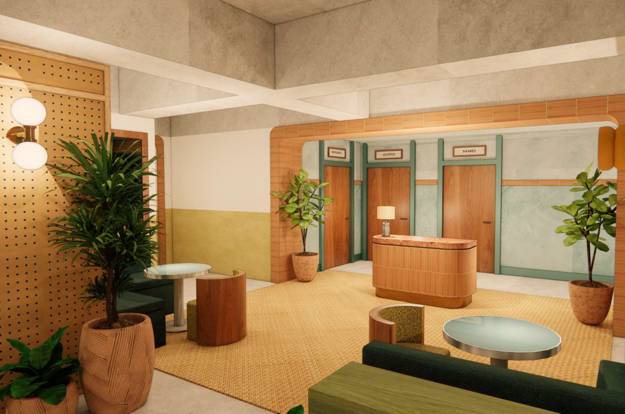Rendering of a warm lounge and reception space at Recess Hotel and Club.
