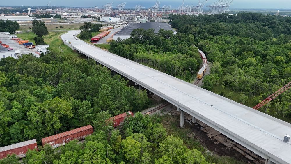 Aerial drone view of the Brampton Road Connector corridor near Garden City Terminal, from Moffatt & Nichol's project case study (image dated July 22, 2025)